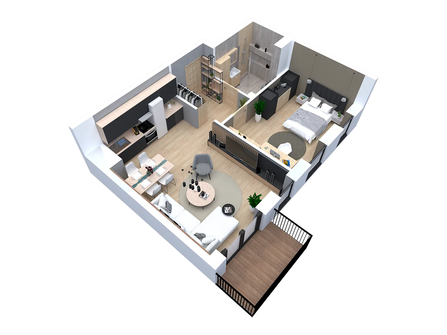 Rzut 3D mieszkania 1.3 na osiedlu Apartamenty Brzozowe Zacisze