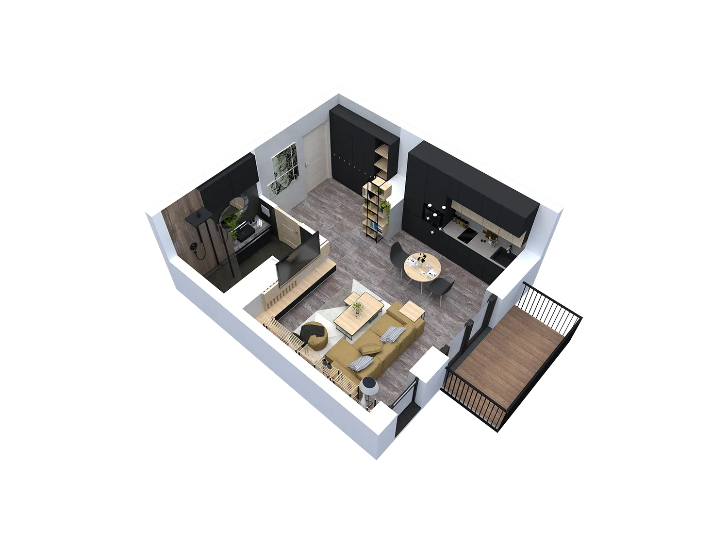 Rzut 3D mieszkania 1.5 na osiedlu Apartamenty Brzozowe Zacisze