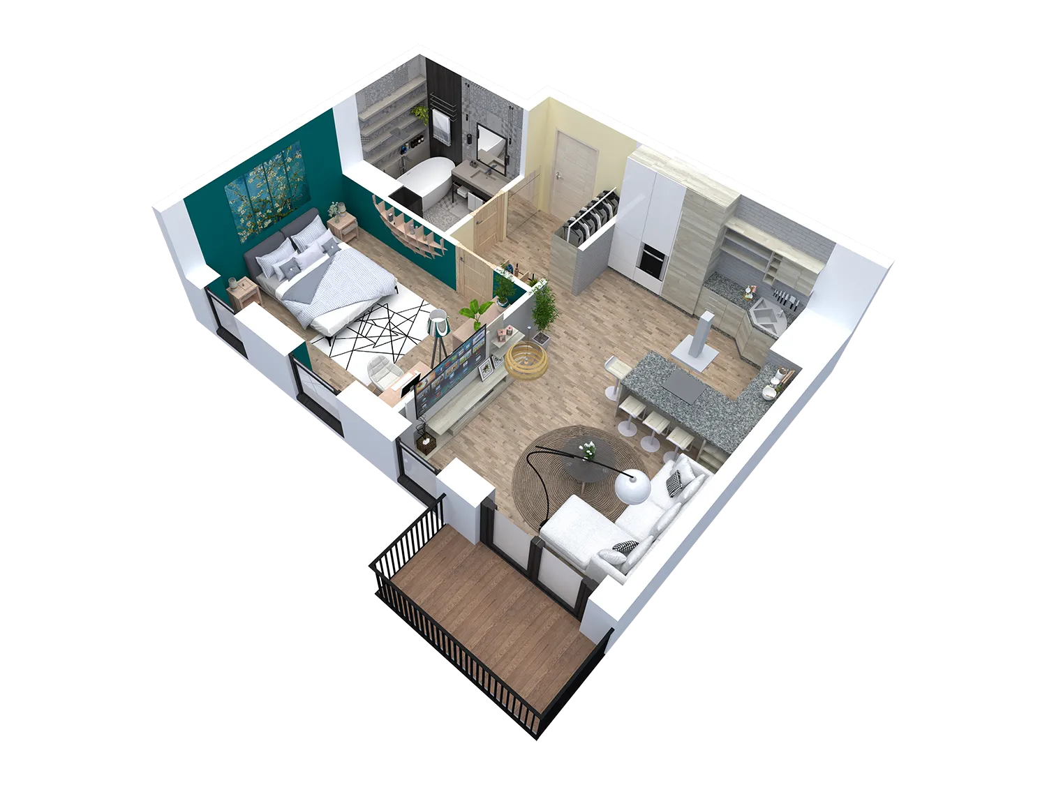 Rzut 3D mieszkania 2.1 na osiedlu Apartamenty Brzozowe Zacisze